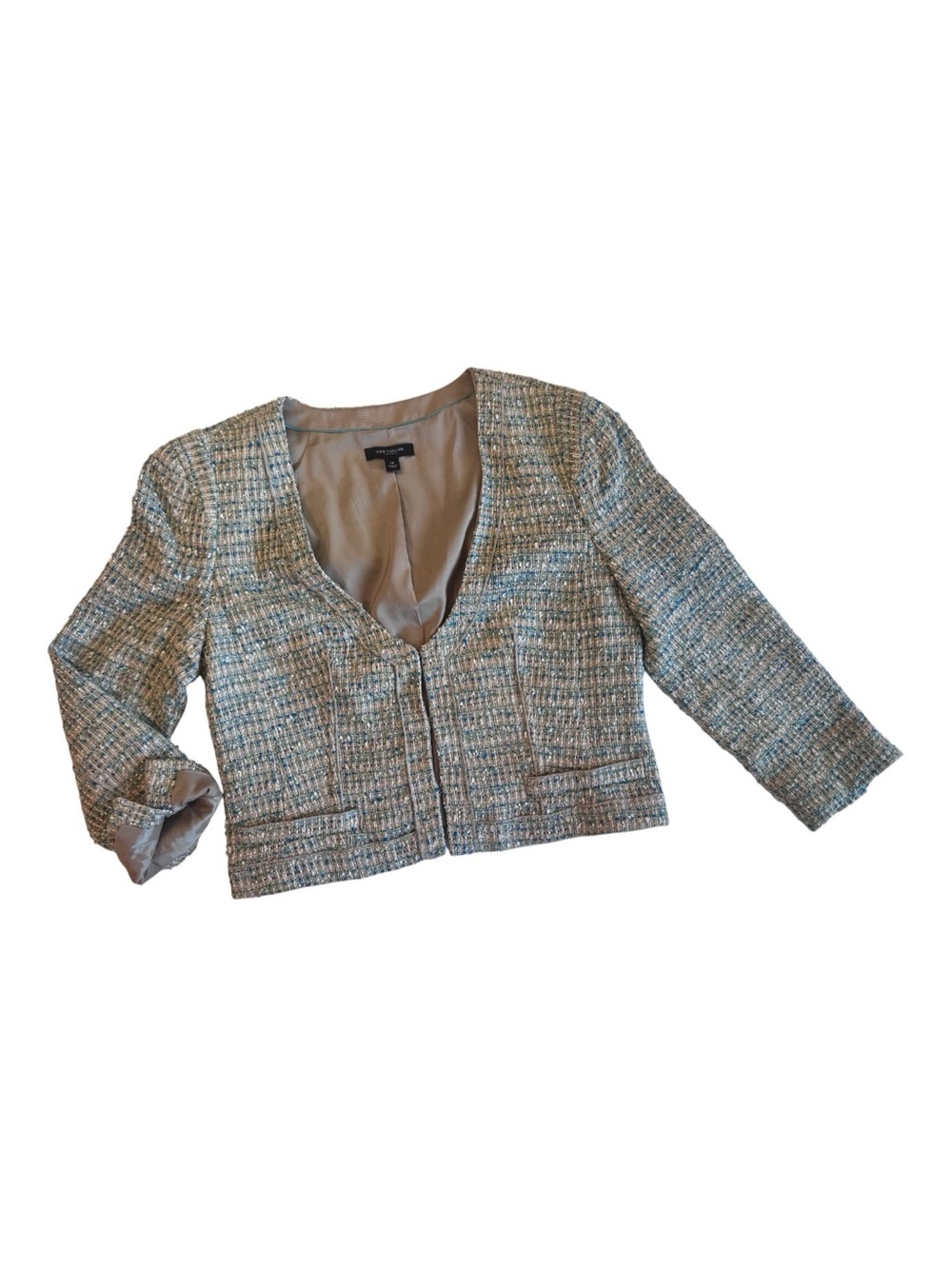 Ann Taylor Metallic Boucle Tweed Blazer Blue Gold Cropped Jacket Fully Lined